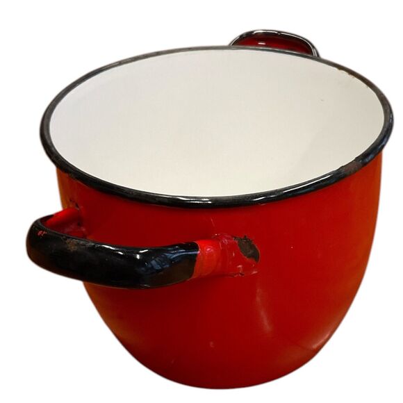 Vintage Huta Silesia Red Enameled Stockpot Black Rimmed Double Handled Cook Pot - Picture 2 of 8